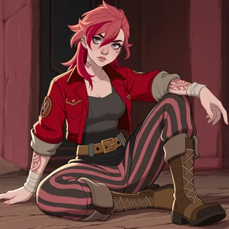 masterpiece, best quality, DisneyClassics disney red jacket, armbands, grey and black tank top, striped pants, belt, tattoo on arms, boots
1girl, gray-blue eyes, v1, red-pink hair, tattoo on the face, nose piercing, tattoo on the neck, earrings 