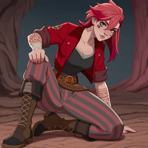 masterpiece, best quality, DisneyClassics disney red jacket, armbands, grey and black tank top, striped pants, belt, tattoo on arms, boots
1girl, gray-blue eyes, v1, red-pink hair, tattoo on the face, nose piercing, tattoo on the neck, earrings 
