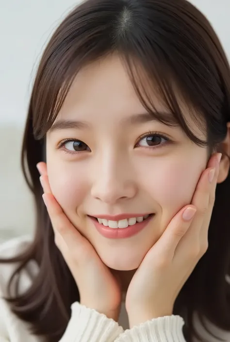 extreme close-up portrait, beautiful girl with her love-struck, radiant face filling the entire frame (95% face ratio), gently placing both open hands on her flushed cheeks with soft fingers, soft black camisole, white blurred background, eyes dreamy and h...