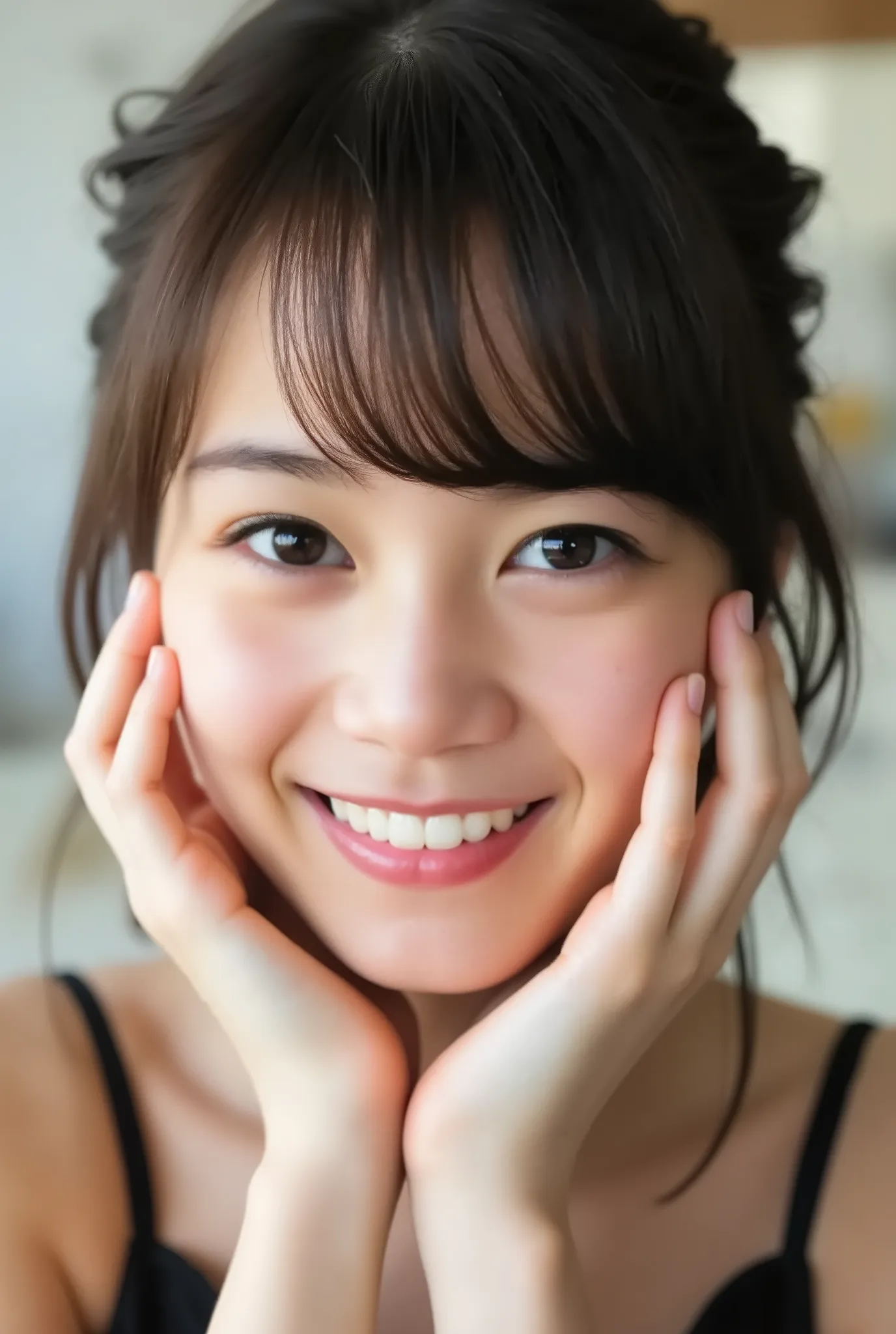 extreme close-up portrait, beautiful girl with her love-struck, radiant face filling the entire frame (95% face ratio), gently placing both open hands on her flushed cheeks with soft fingers, soft black camisole, white blurred background, eyes dreamy and h...