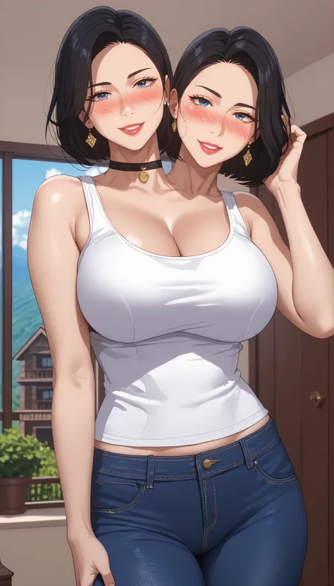  woman with two heads,Mature Woman,score_9,  score_8_up,  score_7_up,  score_6_up,  score_5_up,  score_4_up,  source_anime, tag1,  tag 2, quality_masterpiece, Sua ((Secret Class)), tank top white,short jeans,anatomically accurate , Facial beauty ,  perfect...