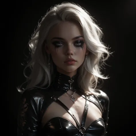Beautiful girl, pale skin, white hair, grey eyes, clear makeup, small breasts, in sexy leather clothes