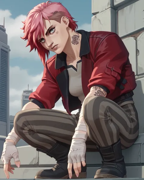 source_anime, (masterpiece), score_9, score_8_up, score_7_up, score_6_up, retrostyle,cyberpunk, ghostshell, red jacket, armbands, grey and black tank top, striped pants, belt, tattoo on arms, boots 1girl, gray-blue eyes, v1, red-pink hair, tattoo on the fa...