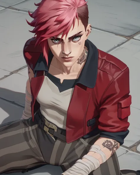 source_anime, (masterpiece), score_9, score_8_up, score_7_up, score_6_up, retrostyle,cyberpunk, ghostshell, red jacket, armbands, grey and black tank top, striped pants, belt, tattoo on arms, boots 1girl, gray-blue eyes, v1, red-pink hair, tattoo on the fa...