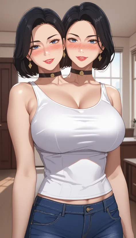  woman with two heads,Mature Woman,score_9,  score_8_up,  score_7_up,  score_6_up,  score_5_up,  score_4_up,  source_anime, tag1,  tag 2, quality_masterpiece, Sua ((Secret Class)), tank top white,short jeans,anatomically accurate , Facial beauty ,  perfect...