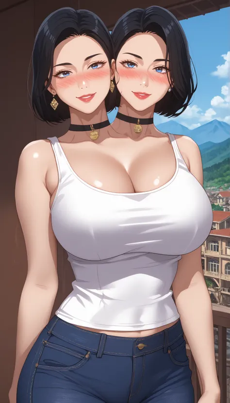  woman with two heads,Mature Woman,score_9,  score_8_up,  score_7_up,  score_6_up,  score_5_up,  score_4_up,  source_anime, tag1,  tag 2, quality_masterpiece, Sua ((Secret Class)), tank top white,short jeans,anatomically accurate , Facial beauty ,  perfect...