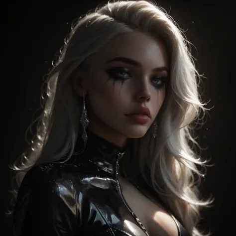 Beautiful girl, pale skin, white hair, grey eyes, clear makeup, in sexy leather clothes