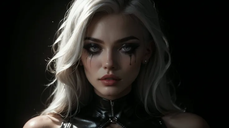 Beautiful girl, pale skin, white hair, grey eyes, clear makeup, in sexy leather clothes