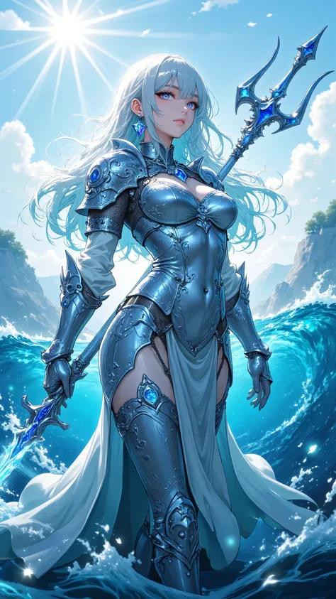 female, Sea Knight, Scale Knight Armor,Decoration of the gills, Sapphire Trident, Sunlight, wind,