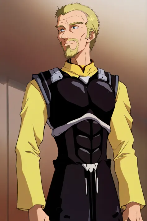  solo, alone, , neon_genesis_evangelion_style, retro, masterpiece, highres blonde hair, askellad, mature male, old man
armor, black breastplate, yellow shirt
