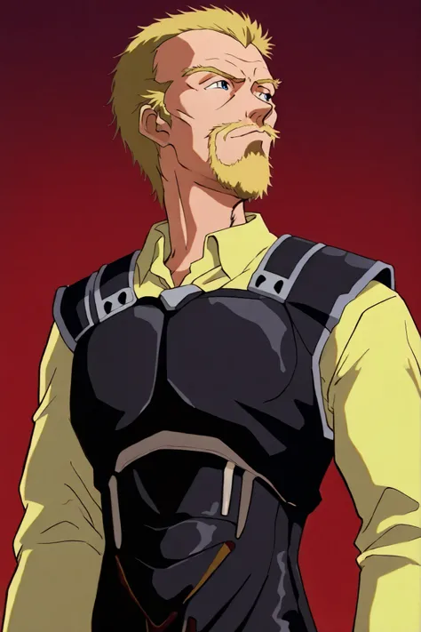  solo, alone, , neon_genesis_evangelion_style, retro, masterpiece, highres blonde hair, askellad, mature male, old man
armor, black breastplate, yellow shirt