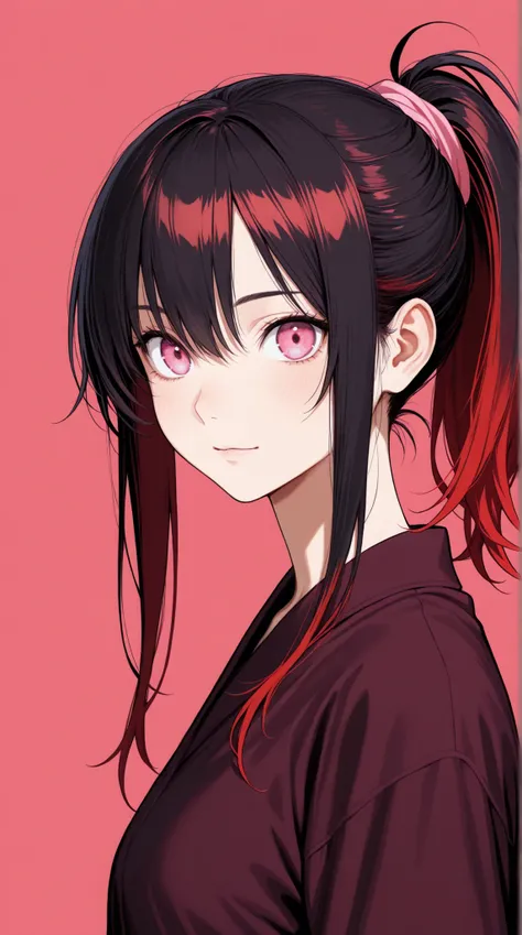 female, black hair ponytail,Red hair elastic, with a clean face, sharp pink eyes