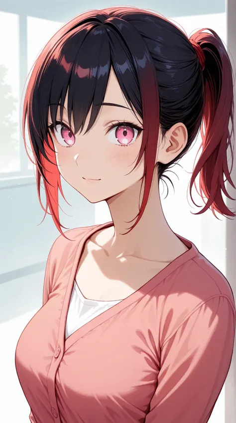 female, black hair ponytail,Red hair elastic, with a clean face, sharp pink eyes