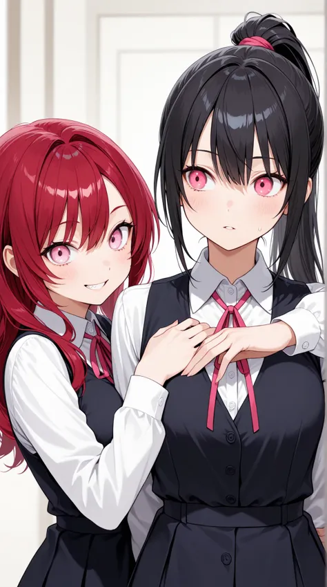 female, black hair ponytail,Red hair elastic, with a clean face, sharp pink eyes