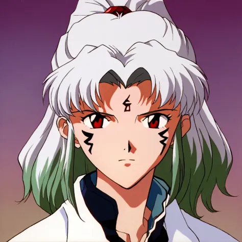 solo, alone, , neon_genesis_evangelion_style, retro, masterpiece, highres senkuu_ishigami, green hair, red eyes, multicolored hair, two-tone hair, white hair, facial mark