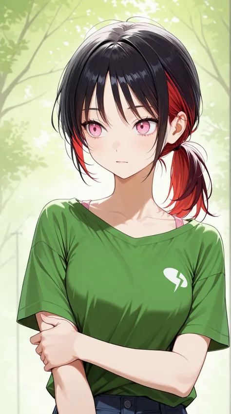 female, black hair ponytail,Red hair elastic, with a clean face, sharp pink eyes, Fresh green hill
