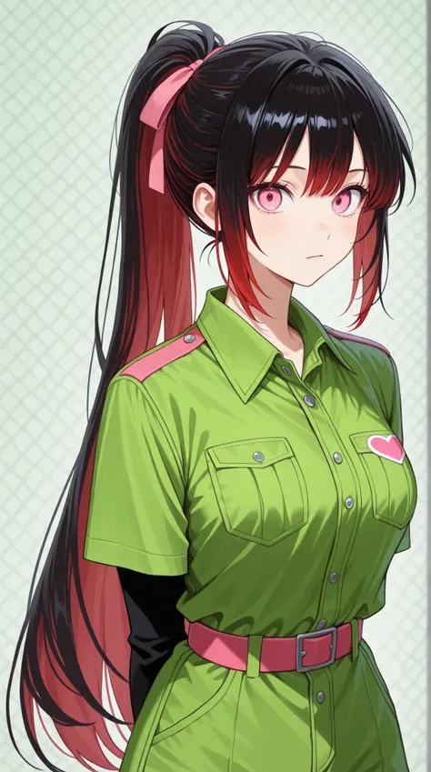 female, black hair ponytail,Red hair elastic, with a clean face, sharp pink eyes, Fresh green hill