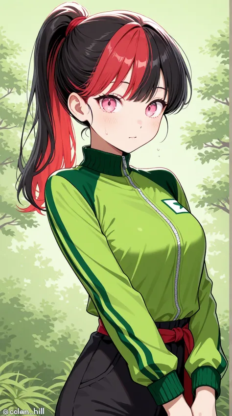 female, black hair ponytail,Red hair elastic, with a clean face, sharp pink eyes, Fresh green hill
