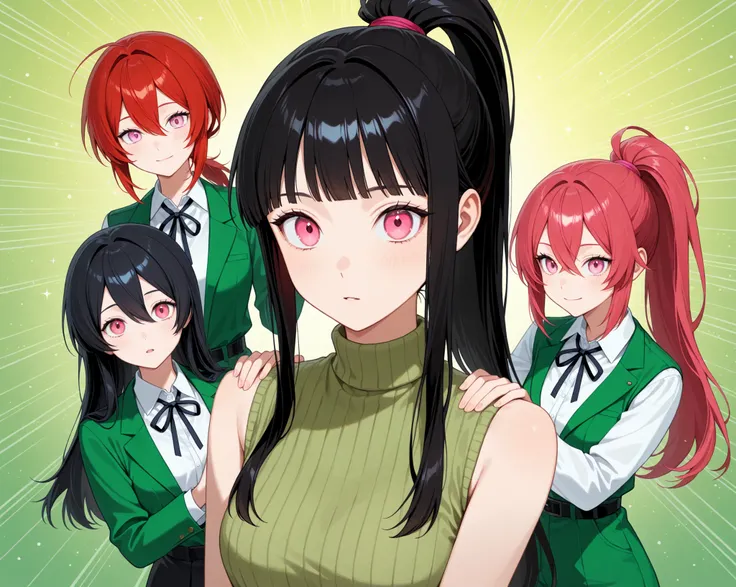 female, black hair ponytail,Red hair elastic, with a clean face, sharp pink eyes, Fresh green hill