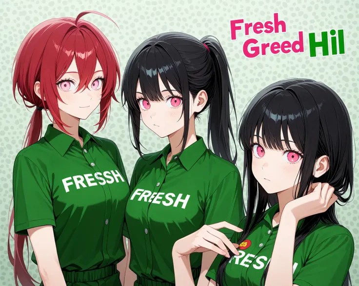 female, black hair ponytail,Red hair elastic, with a clean face, sharp pink eyes, Fresh green hill