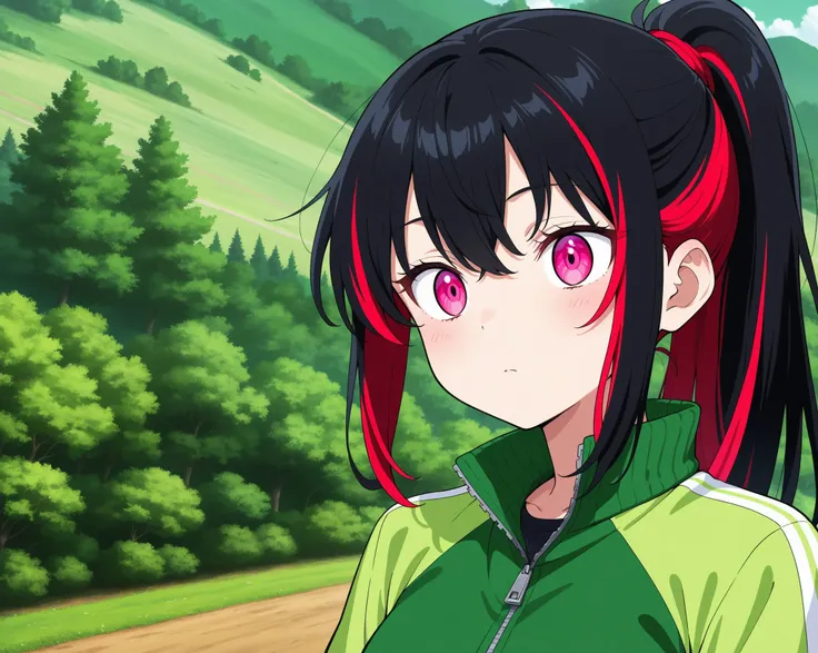 female, black hair ponytail,Red hair elastic, with a clean face, sharp pink eyes,    Fresh green hill
