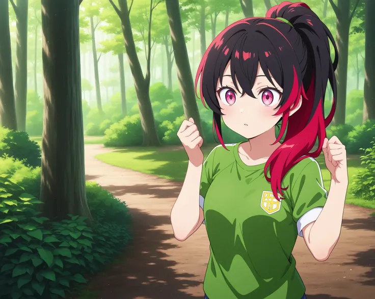 female, black hair ponytail,Red hair elastic, with a clean face, sharp pink eyes,    Fresh green hill
