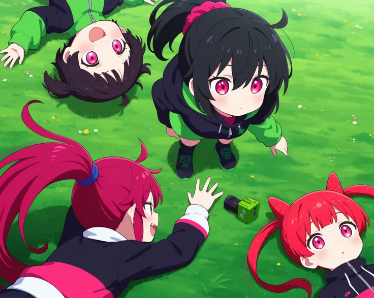 female, black hair ponytail,Red hair elastic, with a clean face, sharp pink eyes,    Fresh green hill