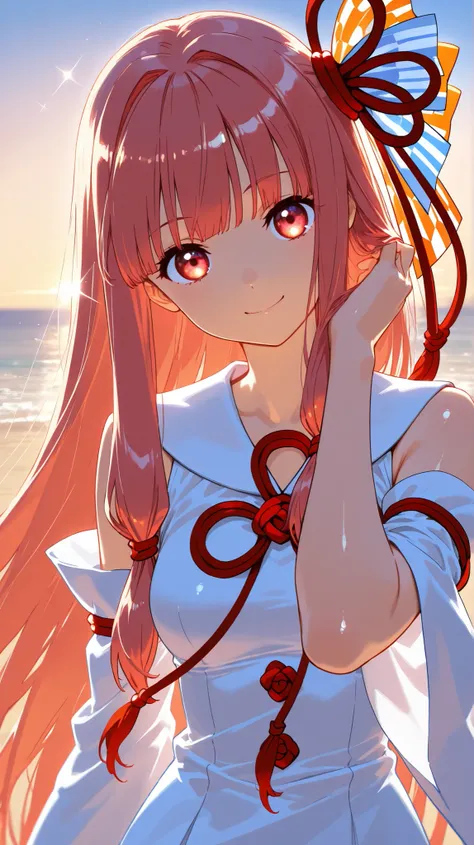 (master piece, professional quality, high resolution, 8k, ultra detailed,) 1girl, kotonoha akane, amber inner hair, scarlet gradient eyes, beach, gentle breeze, hand in own hair, white dress, detached sleeves, With a dress on, medium breasts, (see through...