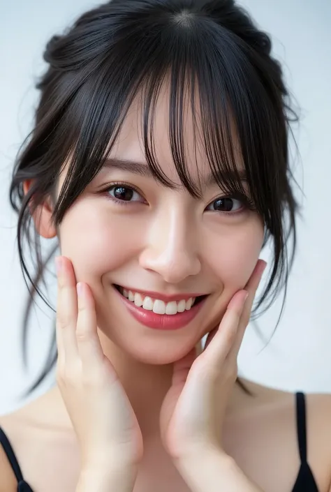 extreme close-up portrait, beautiful girl with her love-struck, radiant face filling the entire frame (95% face ratio), gently placing both open hands on her flushed cheeks with soft fingers, soft black camisole, white blurred background, eyes dreamy and h...