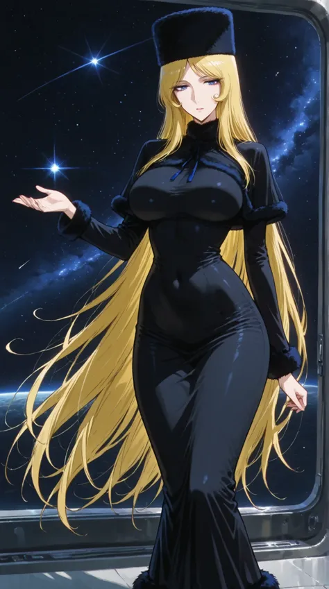 Maetel, best quality, amazing quality, score 9, 1girl, black clothes, space, hands out, fur hat, curvy hip