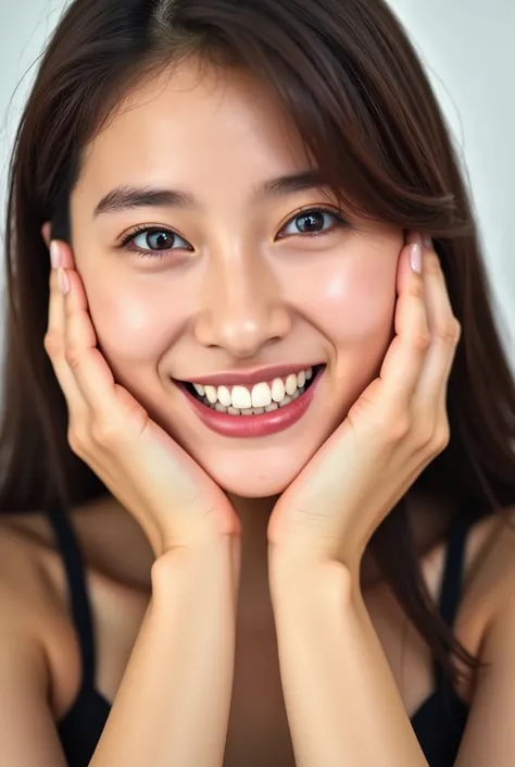 extreme close-up portrait, beautiful girl with her love-struck, radiant face filling the entire frame (95% face ratio), gently placing both open hands on her flushed cheeks with soft fingers, soft black camisole, white blurred background, eyes dreamy and h...