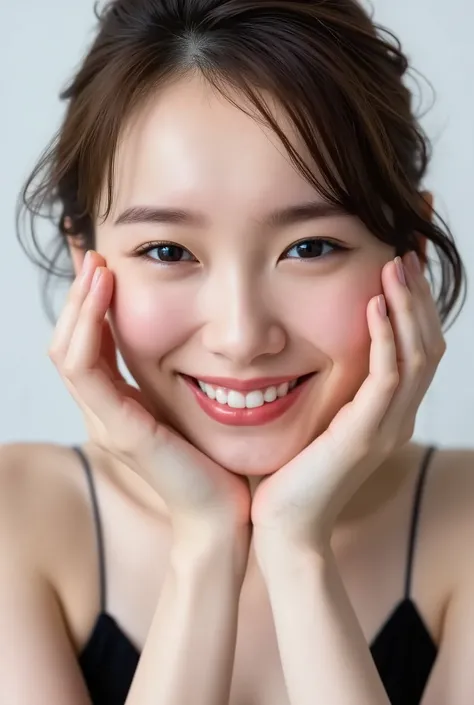 extreme close-up portrait, beautiful girl with her love-struck, radiant face filling the entire frame (95% face ratio), gently placing both open hands on her flushed cheeks with soft fingers, soft black camisole, white blurred background, eyes dreamy and h...