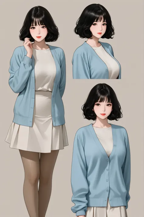 no background, high quality, ((black Wavy Bob hair)),  light blue cardigan , white blouse, white flared skirt, mature Korean women,  ((beige pantyhose)), portrait, Draw a 4-part collage of an example image showing a waist shot