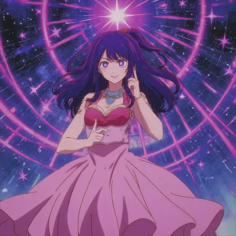 b3rs3rk ((best quality, 8k, masterpiece: 1.4)), purple hair, long hair, anime style on the face, charming smile, Amazing Painting Art, colorful background, Stars in your eyes☆, ( Idol Outfit:1.1), ( red dress :1.1), ( flared skirt seen from below:1.1), ful...