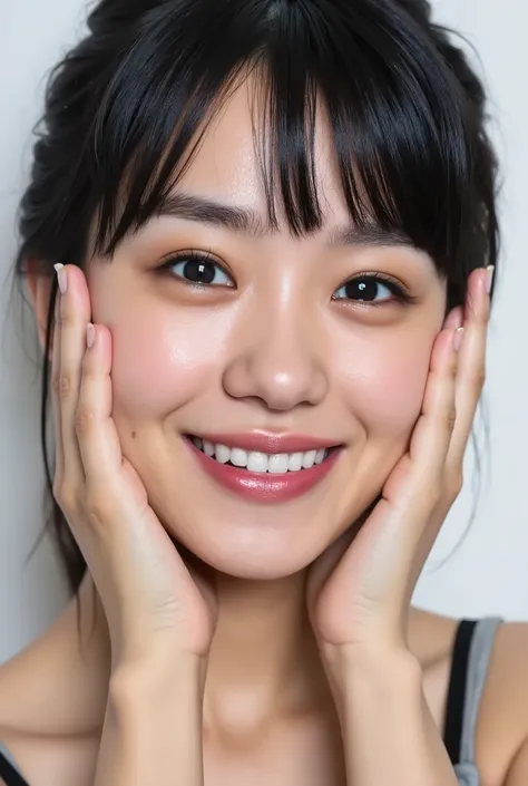 extreme close-up portrait, beautiful girl with her love-struck, radiant face filling the entire frame (95% face ratio), gently placing both open hands on her flushed cheeks with soft fingers, soft black camisole, white blurred background, eyes dreamy and h...