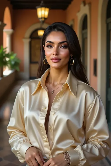 woman, summer satin shirt, long sleeves, jewelry, necklace, bracelet, vintage spanish hallway
