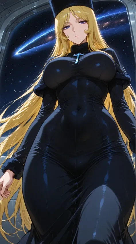 Maetel, best quality, amazing quality, score 9, 1girl, black clothes, space, hands out, fur hat, curvy hip