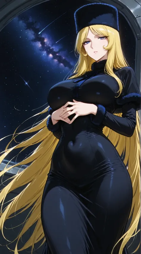 Maetel, best quality, amazing quality, score 9, 1girl, black clothes, space, hands out, fur hat, curvy hip