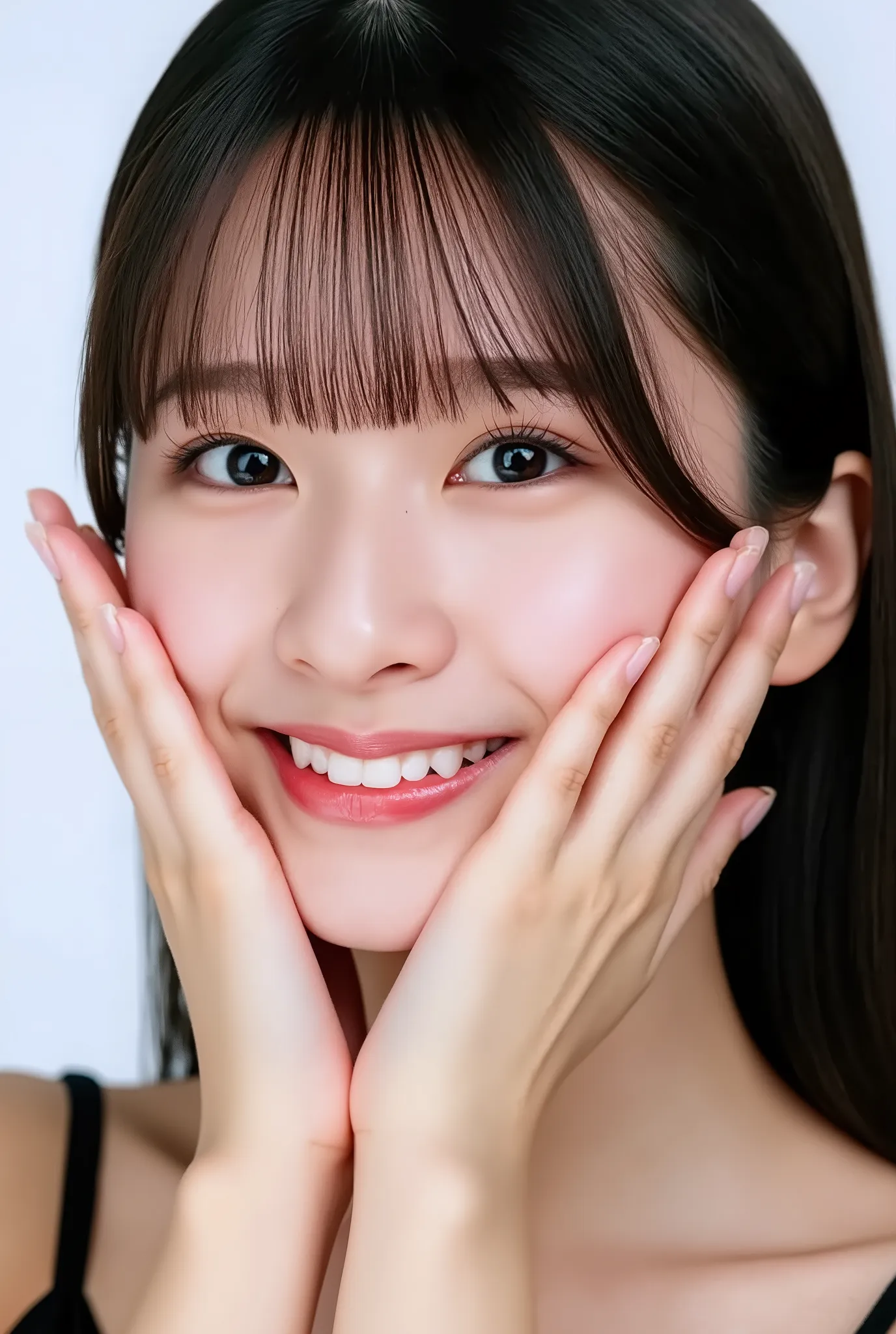 extreme close-up portrait, beautiful girl with her love-struck, radiant face filling the entire frame (95% face ratio), gently placing both open hands on her flushed cheeks with soft fingers, soft black camisole, white blurred background, eyes dreamy and h...