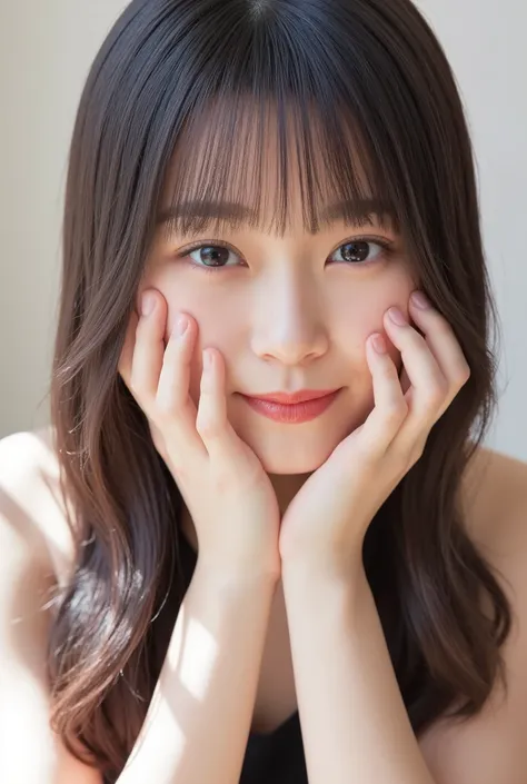 extreme close-up portrait, beautiful girl with her love-struck, radiant face filling the entire frame (95% face ratio), gently placing both open hands on her flushed cheeks with soft fingers, soft black camisole, white blurred background, eyes dreamy and h...