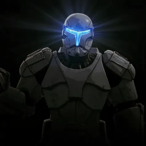 b3rs3rk 7-CloneCommando, dark lighting, reflections, shadows, accurate armour, accurate helmet, glowing blue visor,