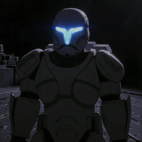 b3rs3rk 7-CloneCommando, dark lighting, reflections, shadows, accurate armour, accurate helmet, glowing blue visor,