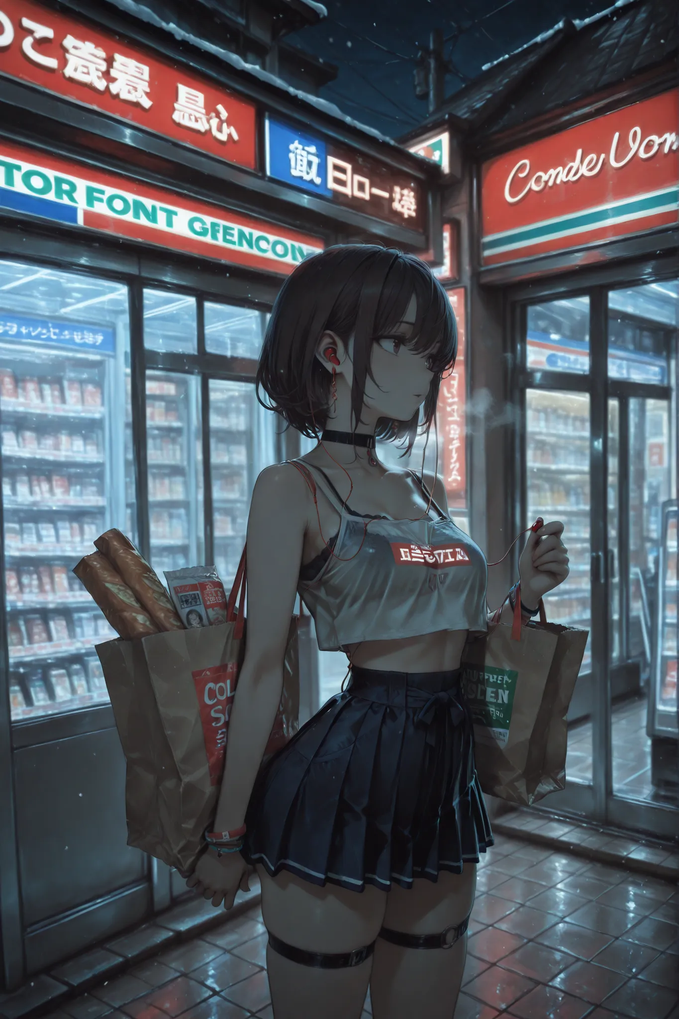 female, bracelets, neck choker, earrings, waist chains, dynamic, dark, night, cold, winter, thigh strap, 1girl, convenience store front background, standing outside, in front of the convenience store, super short skirt, thong, tiny tank top, visible bra st...