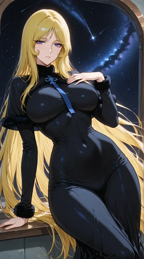 Maetel, best quality, amazing quality, score 9, 1girl, black clothes, space, hands out, curvy hip