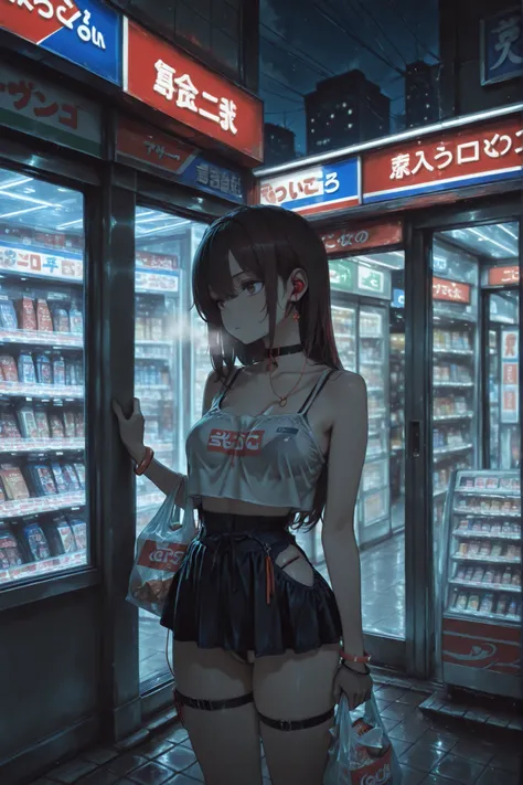 female, bracelets, neck choker, earrings, waist chains, dynamic, dark, night, cold, winter, thigh strap, 1girl, convenience store front background, standing outside, in front of the convenience store, tiny skirt, visible thong, tiny tank top, visible bra s...