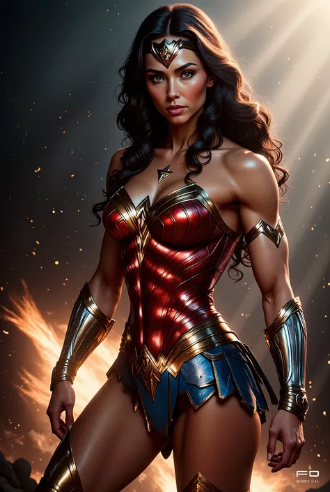 W0nd3rW0m@n, hyper-realistic, high-quality film photograph of Gal Gadot as Wonder Woman, set against a dark, aesthetic color palette with vintage film effects, including scratches and wear, enhancing the gritty atmosphere. The scene is dominated by a dynam...