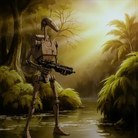 b3rs3rk B1 droid holding gun in forest,water effects, sun rays, realistic lighting, beautiful environment, shrubbery, reflections