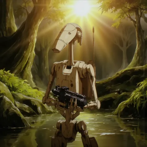 b3rs3rk B1 droid holding gun in forest,water effects, sun rays, realistic lighting, beautiful environment, shrubbery, reflections