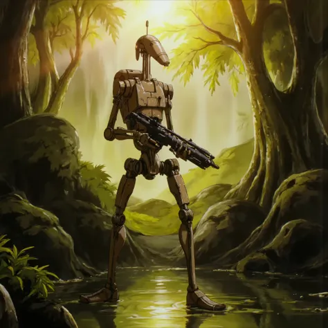 b3rs3rk B1 droid holding gun in forest,water effects, sun rays, realistic lighting, beautiful environment, shrubbery, reflections