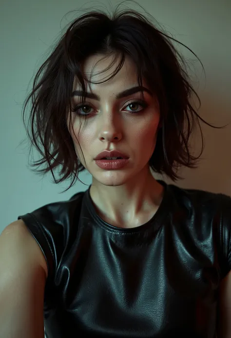 50 year old woman, humiliation rough sexuality degradation, self-destruction, dirty sloppy hair, heavy eyelids with smudged makeup, plump lips with uneven lipstick, sweaty pale shiny skin, in a tight tight leather dress, slouching pose. cinematic lighting,...